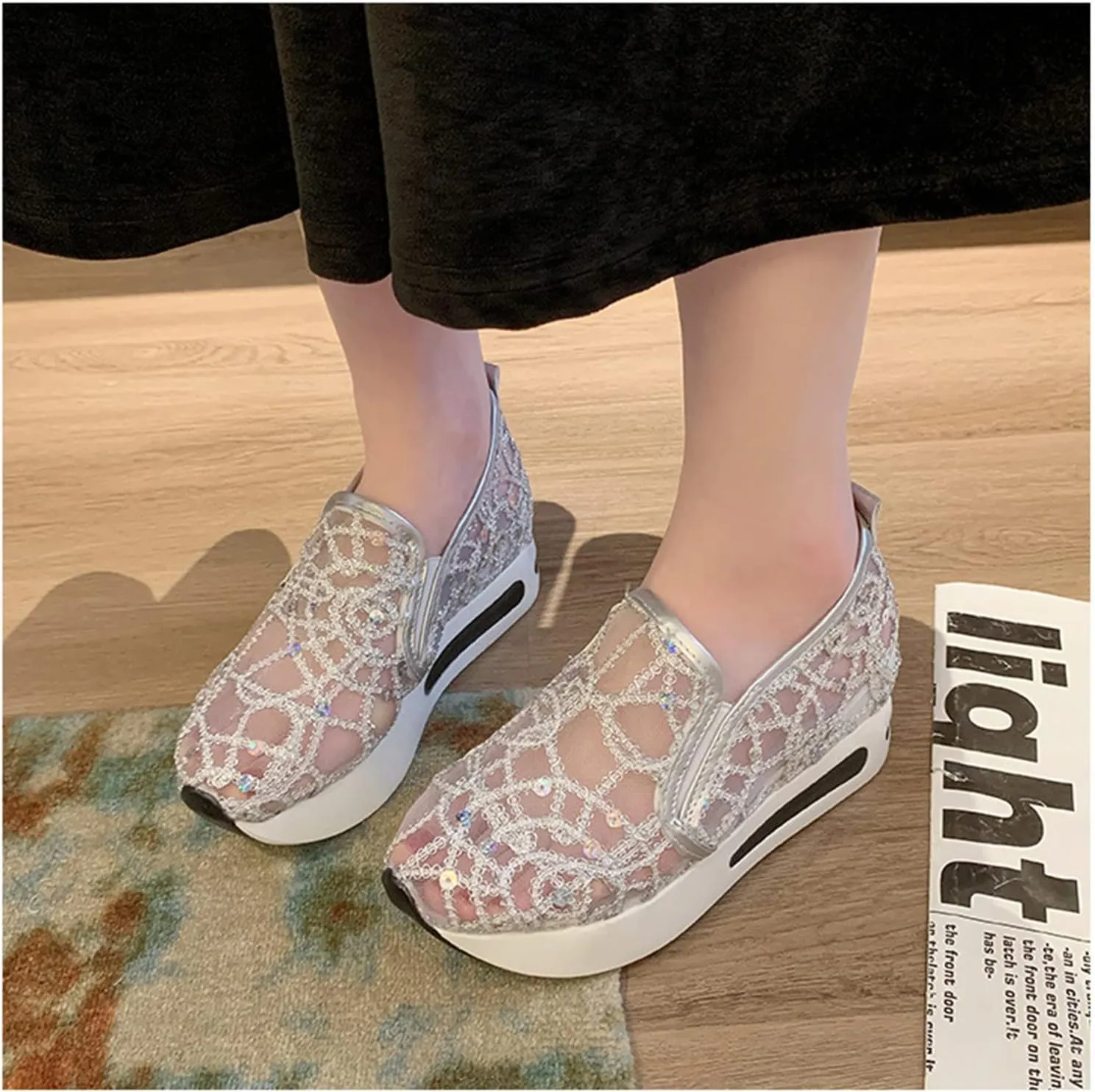 Floral Embroidery Breathable Sheer Mesh Sneakers for Women, Fashion Sequin Breathable Mesh Slip on Platform Sneakers
