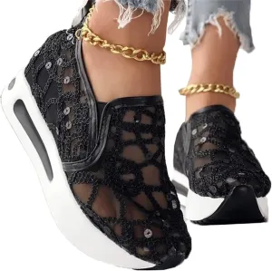 Floral Embroidery Breathable Sheer Mesh Sneakers for Women, Fashion Sequin Breathable Mesh Slip on Platform Sneakers