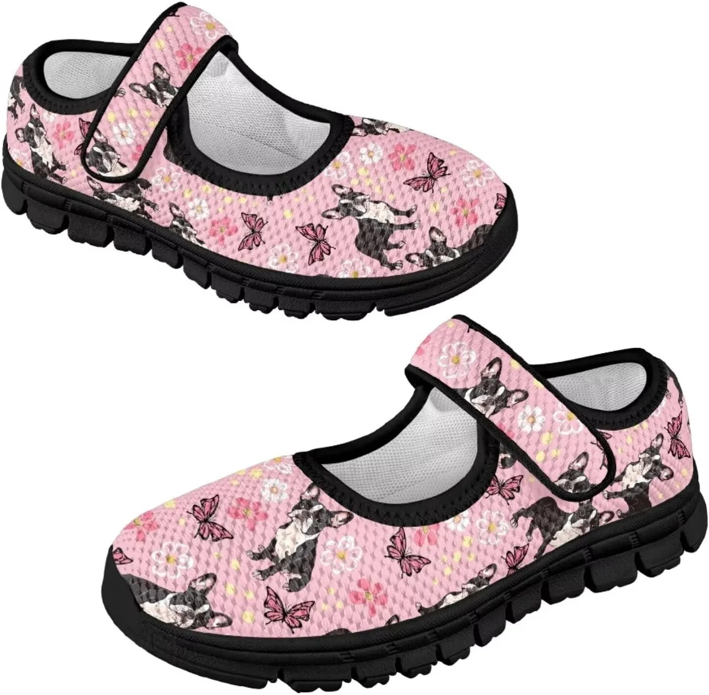 Forchrinse Pink Boston Terrier Floral Print Girls Dress Shoes Mary Jane Flats Pink for Kids and Toddler Size 11-2.5 School Uniform Sneakers Lightweight Walking Shoes