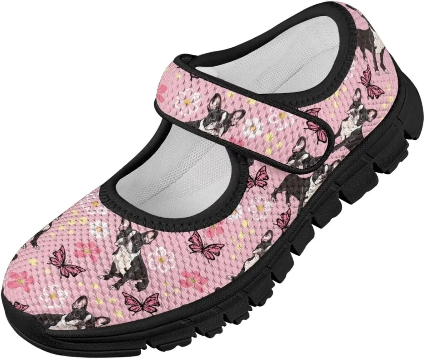 Forchrinse Pink Boston Terrier Floral Print Girls Dress Shoes Mary Jane Flats Pink for Kids and Toddler Size 11-2.5 School Uniform Sneakers Lightweight Walking Shoes