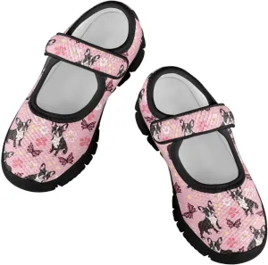 Forchrinse Pink Boston Terrier Floral Print Girls Dress Shoes Mary Jane Flats Pink for Kids and Toddler Size 11-2.5 School Uniform Sneakers Lightweight Walking Shoes
