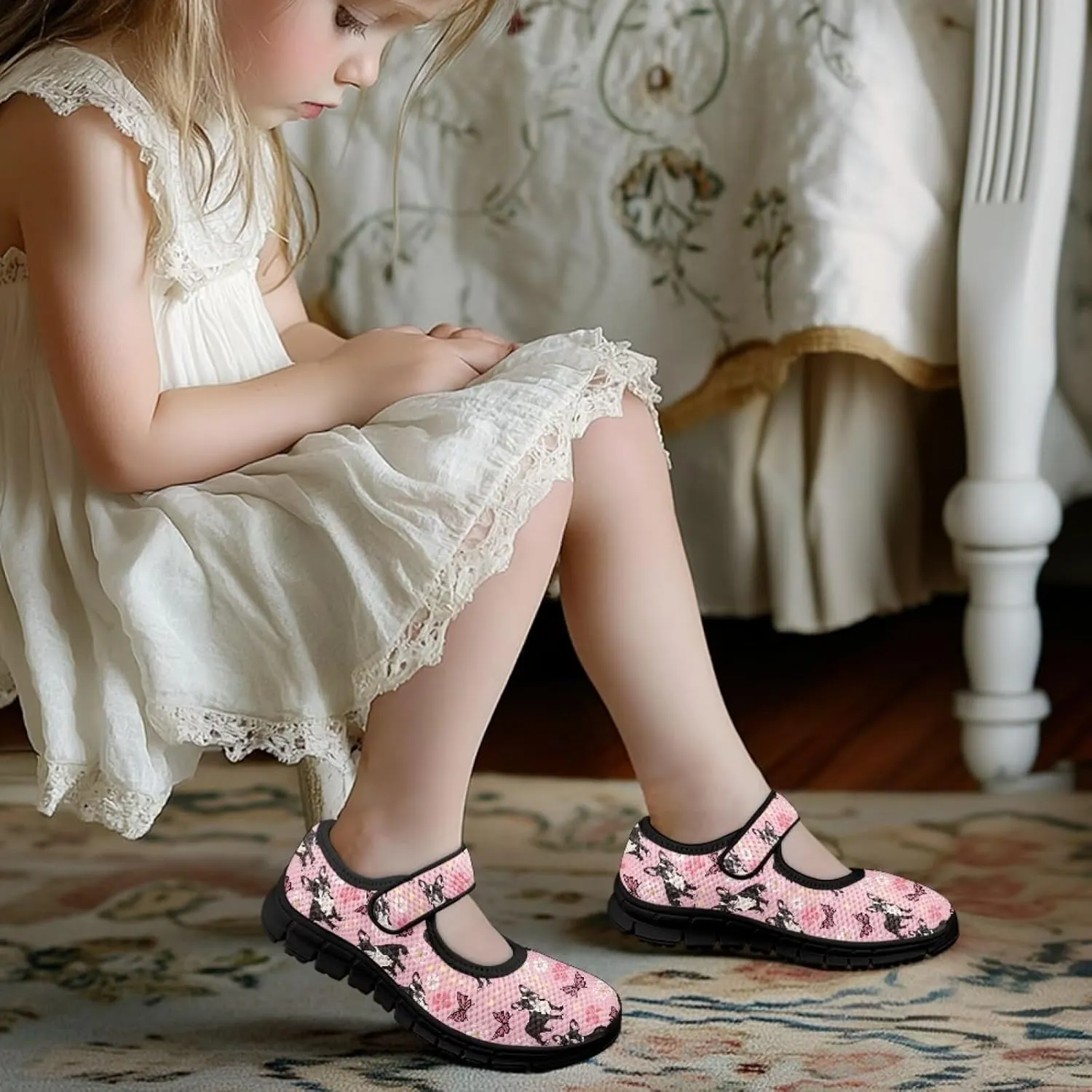 Forchrinse Pink Boston Terrier Floral Print Girls Dress Shoes Mary Jane Flats Pink for Kids and Toddler Size 11-2.5 School Uniform Sneakers Lightweight Walking Shoes