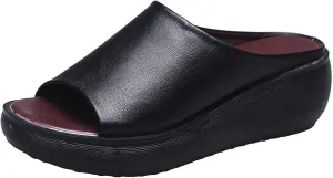 FOTN Women's Slip-On Platform Wedge High Heel Sandals Soft Lightweight Casual Open Toe Fish Mouth Summer Beach Walking Slippers (Black,4.5)