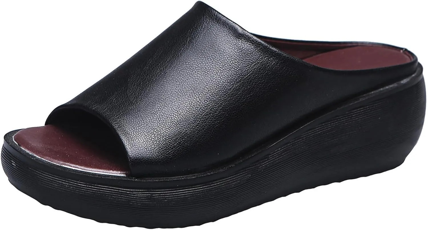 FOTN Women's Slip-On Platform Wedge High Heel Sandals Soft Lightweight Casual Open Toe Fish Mouth Summer Beach Walking Slippers (Black,4.5)