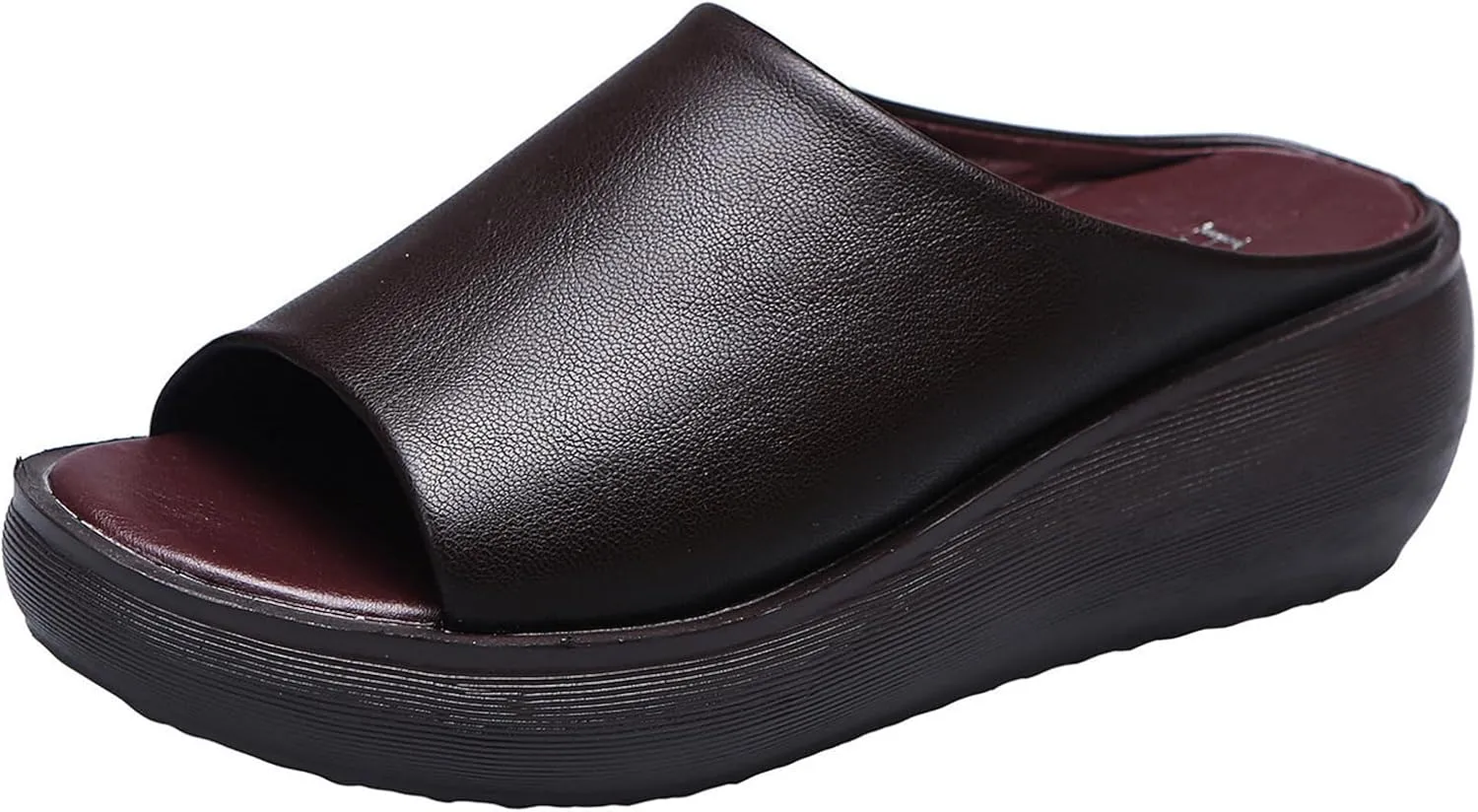 FOTN Women's Slip-On Platform Wedge High Heel Sandals Soft Lightweight Casual Open Toe Fish Mouth Summer Beach Walking Slippers (Brown,10)