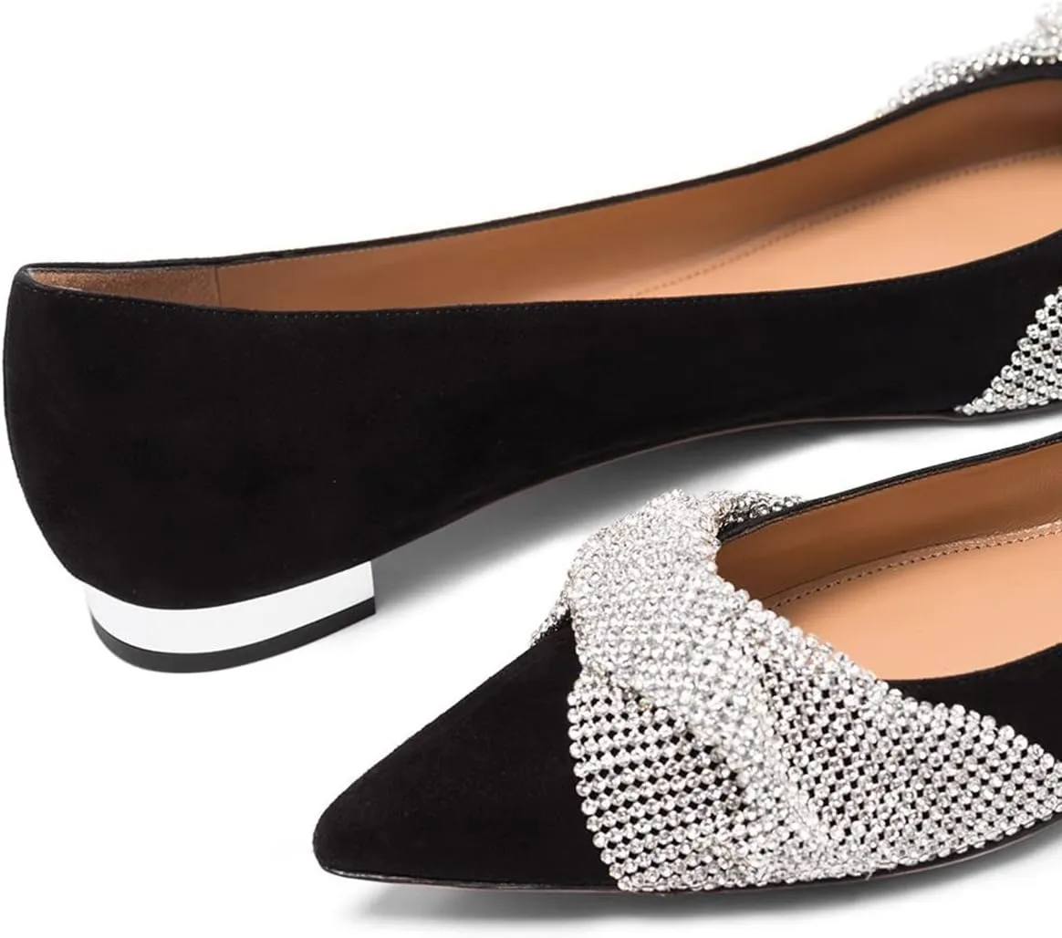 FSJ Women Classic Pointed Toe Rhinestone Sequins Bow Casual Slip on Faux Suede Comfort Low Thick Heel Walking Ballet Flat Shoes Size 4-15 US