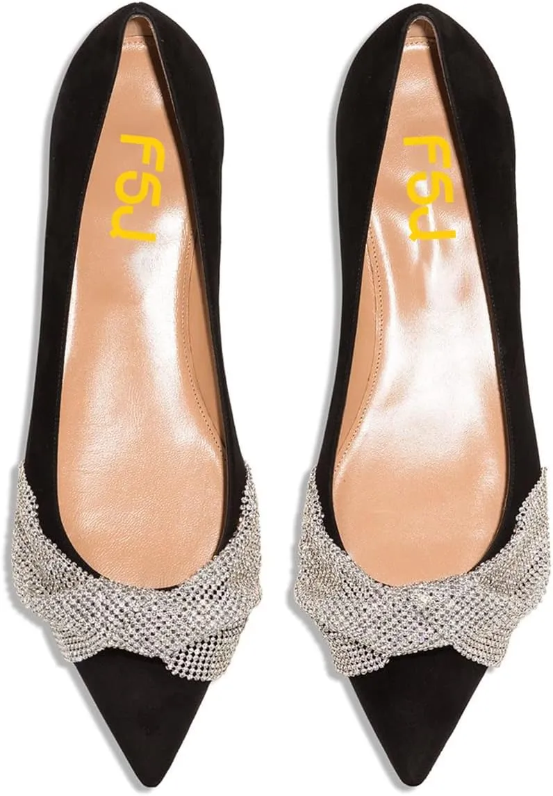 FSJ Women Classic Pointed Toe Rhinestone Sequins Bow Casual Slip on Faux Suede Comfort Low Thick Heel Walking Ballet Flat Shoes Size 4-15 US