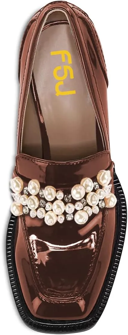 FSJ Women Glossy Square Toe Pearls Loafers Block High Heel Slip On Casual Walking Daily Office Pump Shoes Size 4-15 US