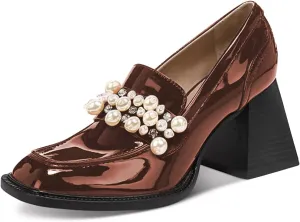 FSJ Women Glossy Square Toe Pearls Loafers Block High Heel Slip On Casual Walking Daily Office Pump Shoes Size 4-15 US