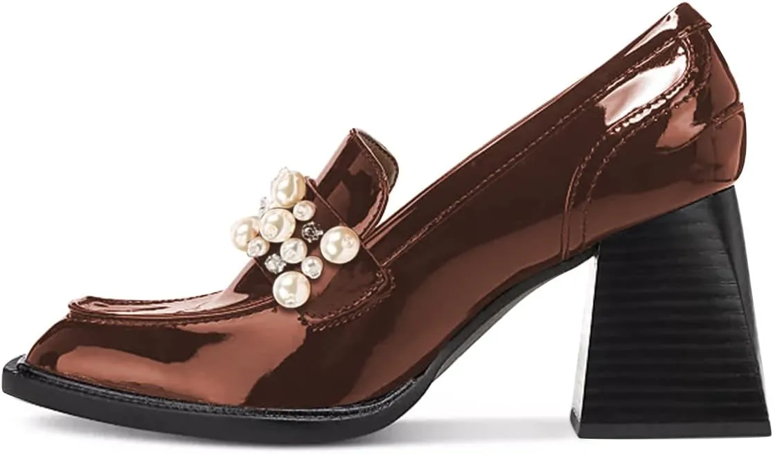 FSJ Women Glossy Square Toe Pearls Loafers Block High Heel Slip On Casual Walking Daily Office Pump Shoes Size 4-15 US