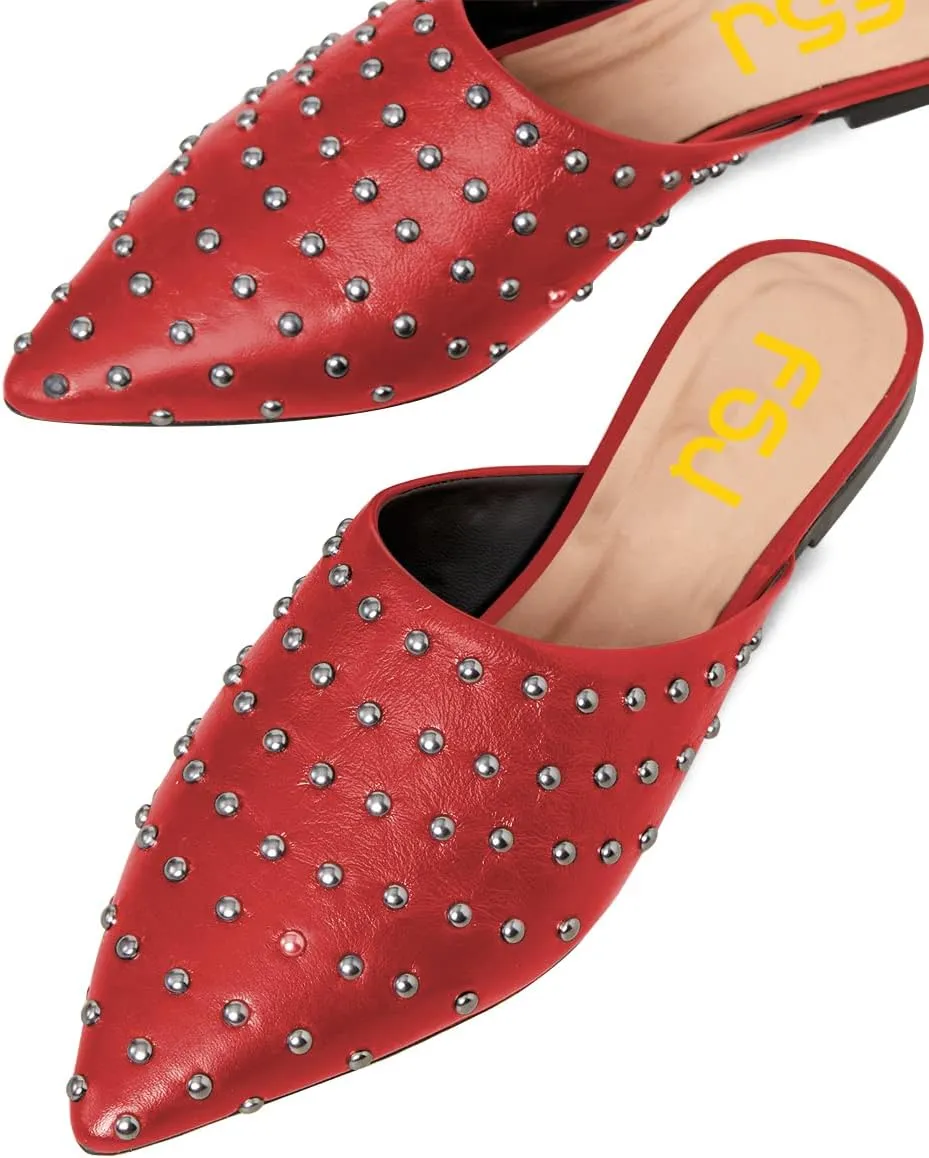 FSJ Women Pointed Toe Flats Mules Sandals Studded Backless Slip On Romantic Comfortable Slippers Casual Travel Date Party Slides Loafer Shoes Size 4-15 US