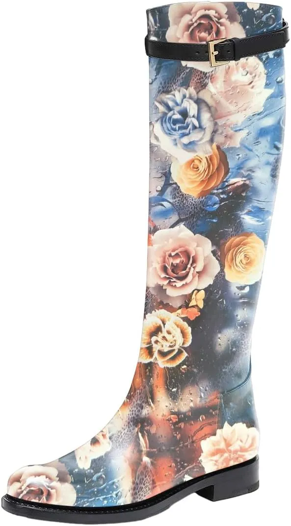 FSJ Women Regular Round Toe Flat Riding Knee High Boots Wide Calf Buckled Strappy Chunky Low Heel Western Long Boots Pull On Sexy Shoes Size 4-15 US