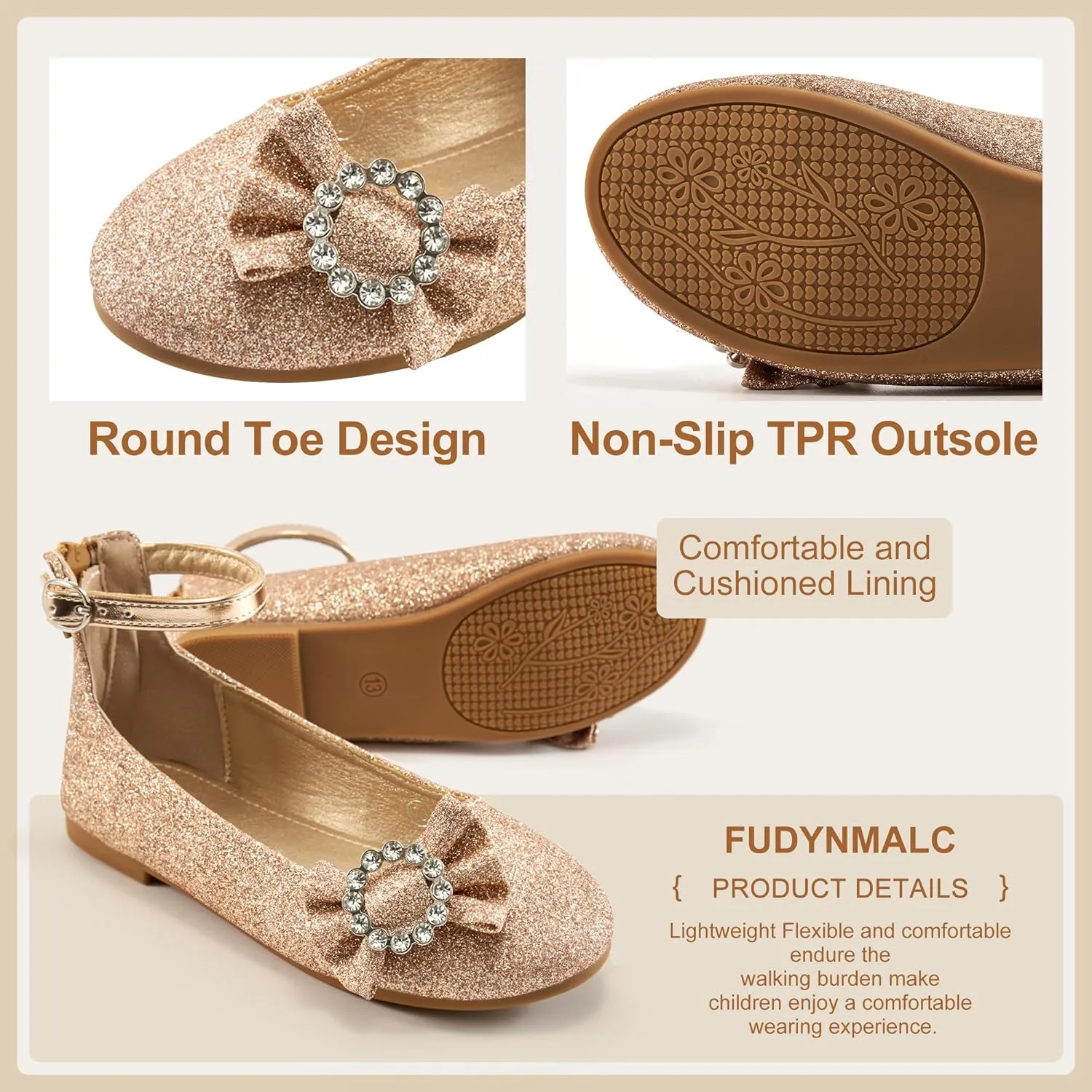 FUDYNMALC Girls Dress Shoes Ballet: Rhinestones Bow Princess Flats for Toddle Little Big Kids Mary Jane Footwear Wedding Party