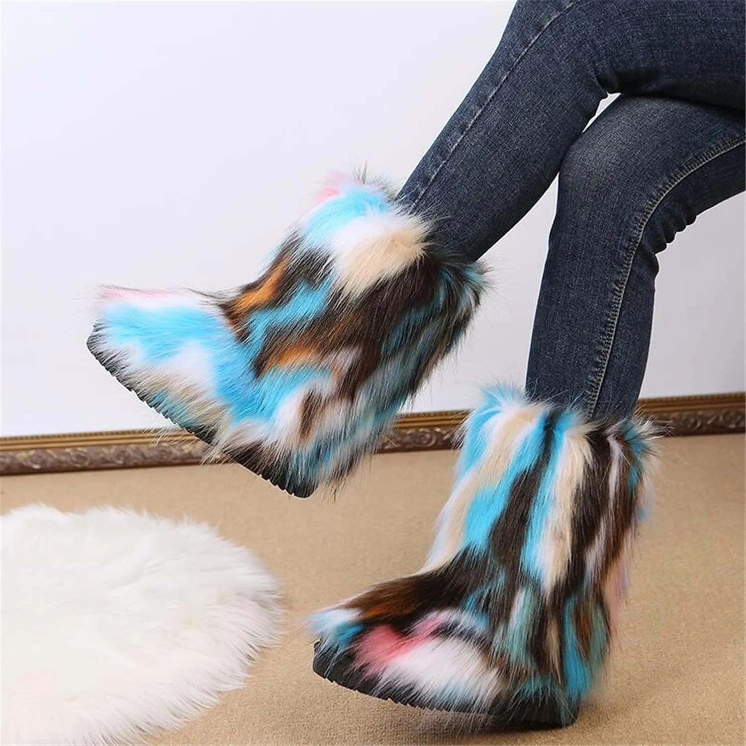FUNCOS Women's Faux Fur Boots Mid-Calf Fuzzy Fluffy Winter Boots Rave Carnival Costume