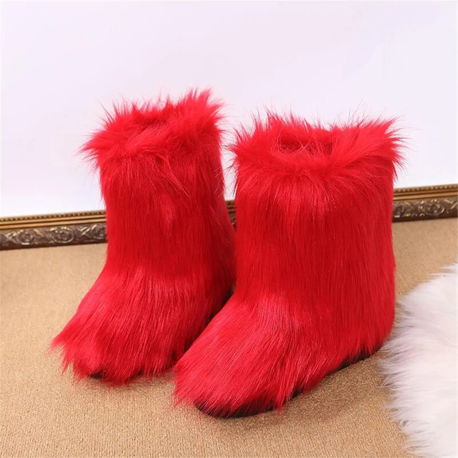 FUNCOS Women's Faux Fur Boots Mid-Calf Fuzzy Fluffy Winter Boots Rave Carnival Costume