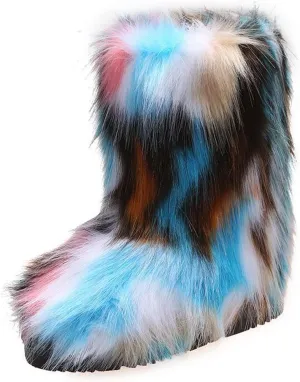 FUNCOS Women's Faux Fur Boots Mid-Calf Fuzzy Fluffy Winter Boots Rave Carnival Costume