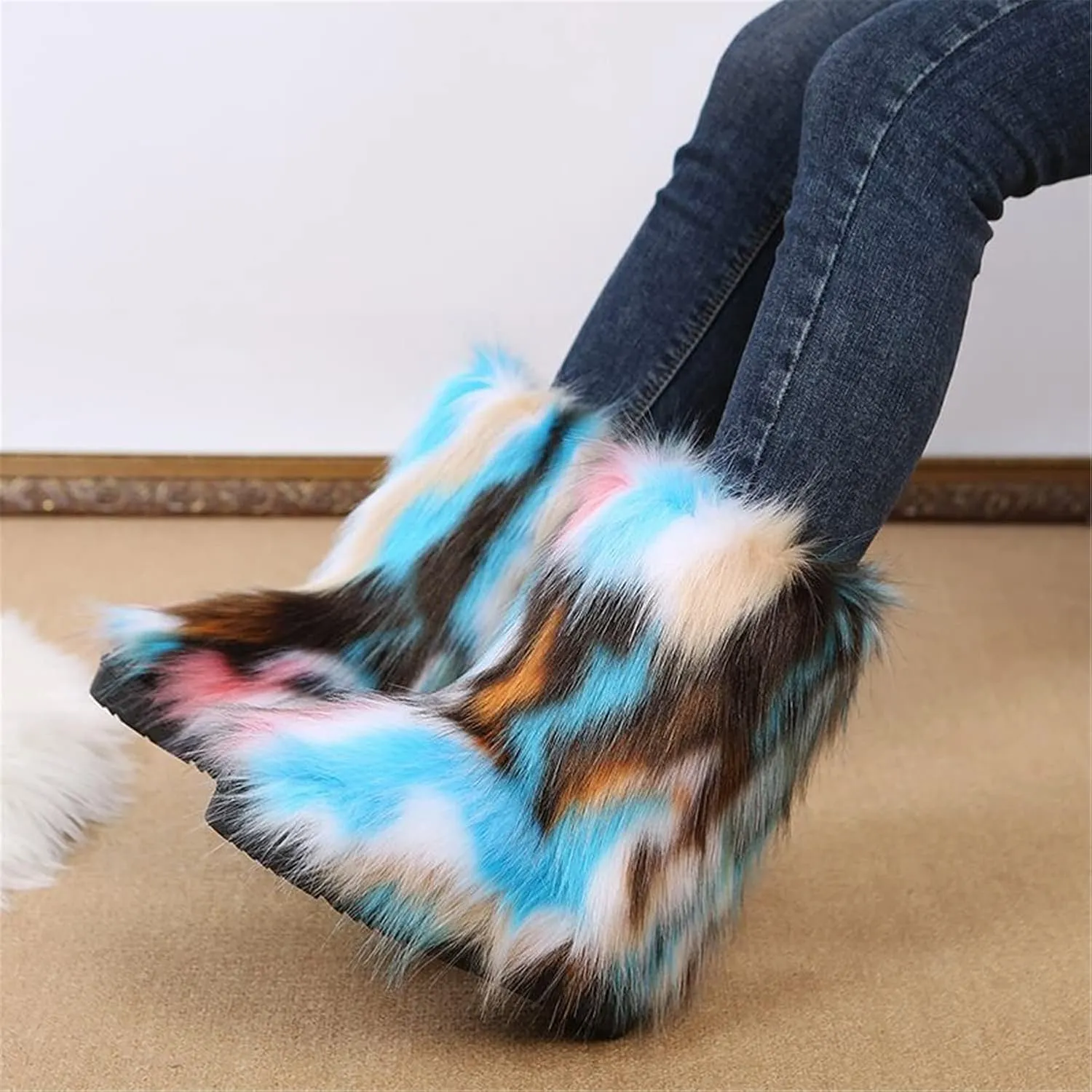 FUNCOS Women's Faux Fur Boots Mid-Calf Fuzzy Fluffy Winter Boots Rave Carnival Costume