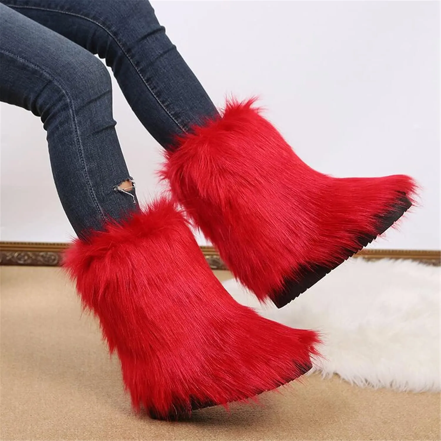 FUNCOS Women's Faux Fur Boots Mid-Calf Fuzzy Fluffy Winter Boots Rave Carnival Costume