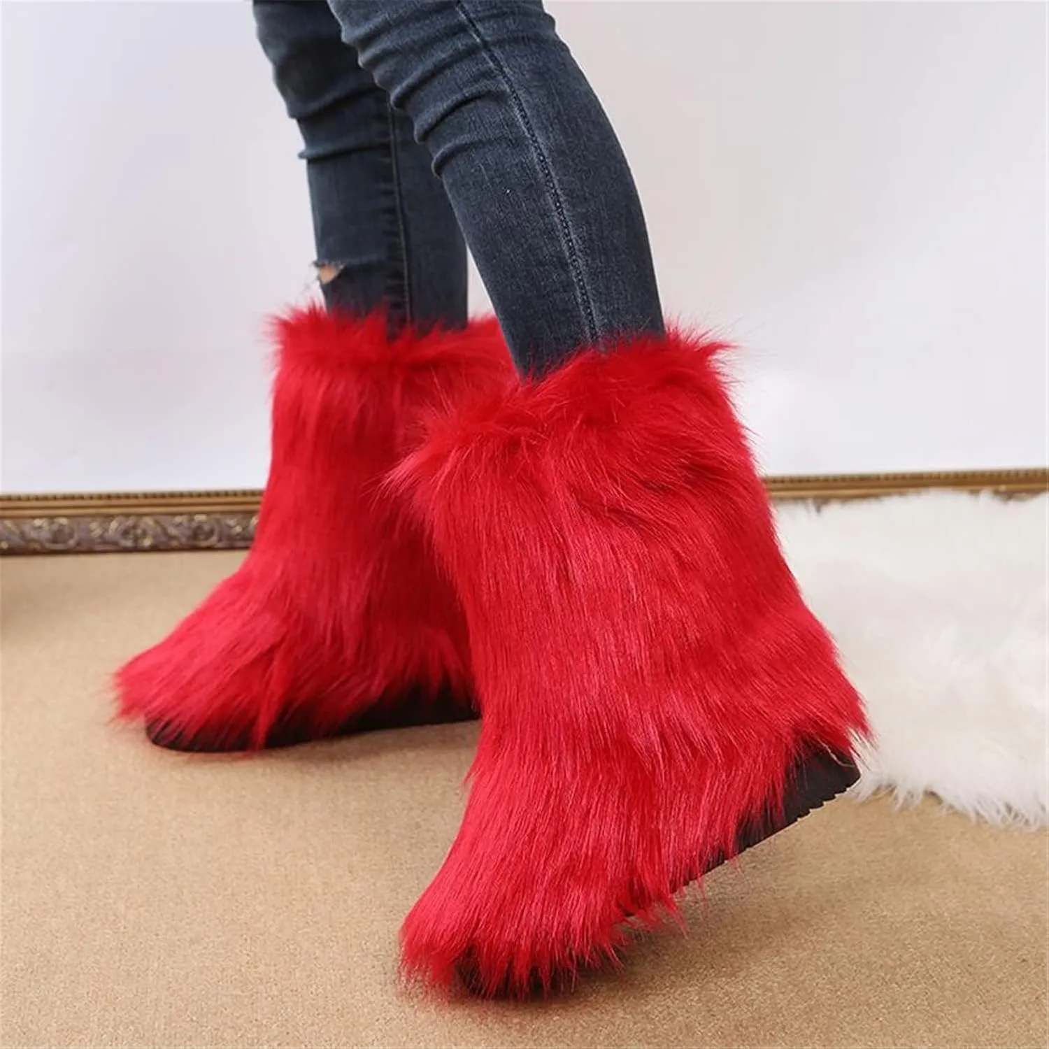 FUNCOS Women's Faux Fur Boots Mid-Calf Fuzzy Fluffy Winter Boots Rave Carnival Costume