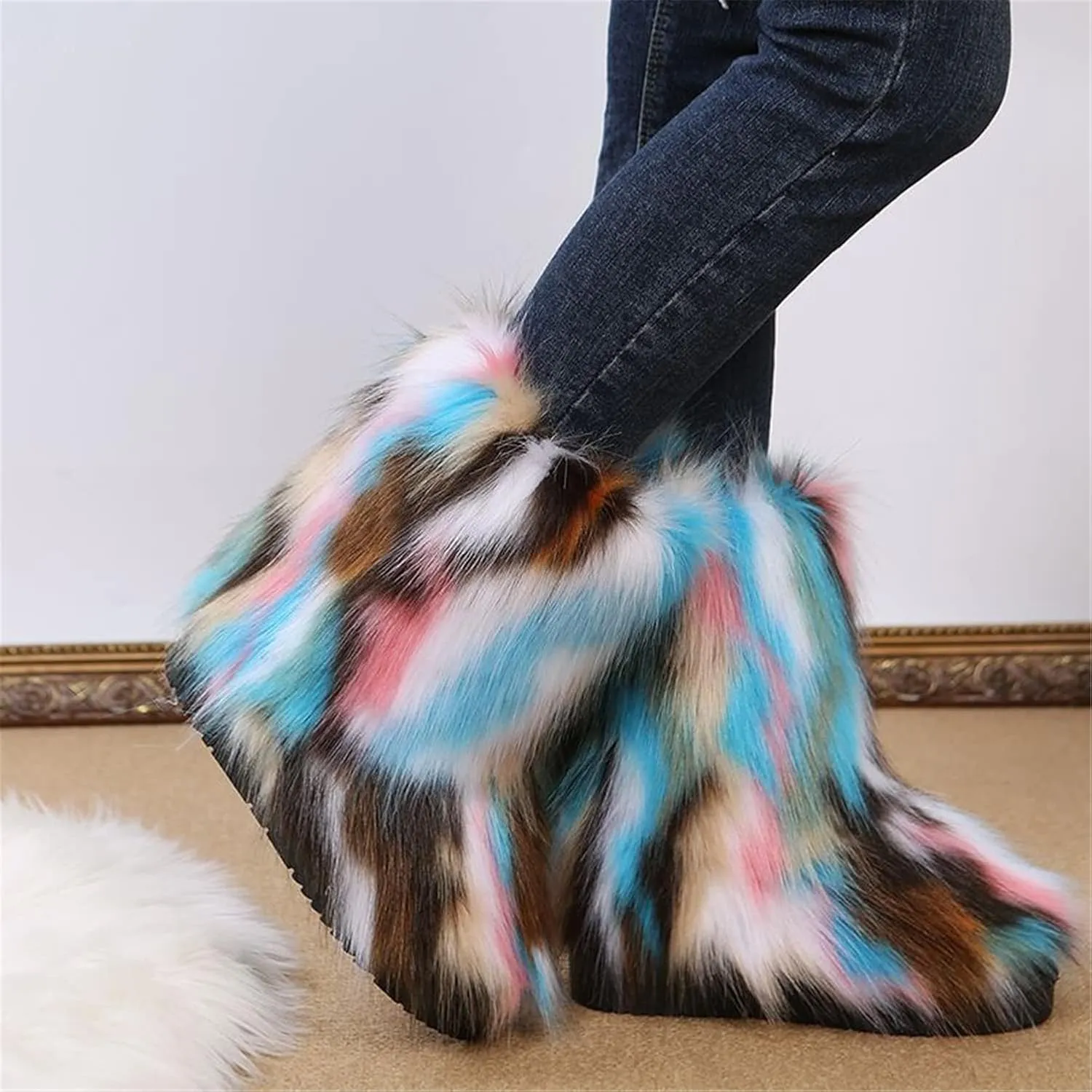 FUNCOS Women's Faux Fur Boots Mid-Calf Fuzzy Fluffy Winter Boots Rave Carnival Costume