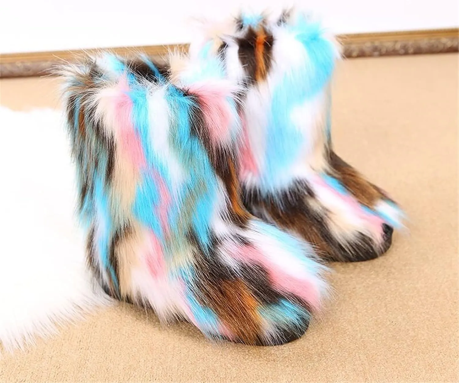 FUNCOS Women's Faux Fur Boots Mid-Calf Fuzzy Fluffy Winter Boots Rave Carnival Costume
