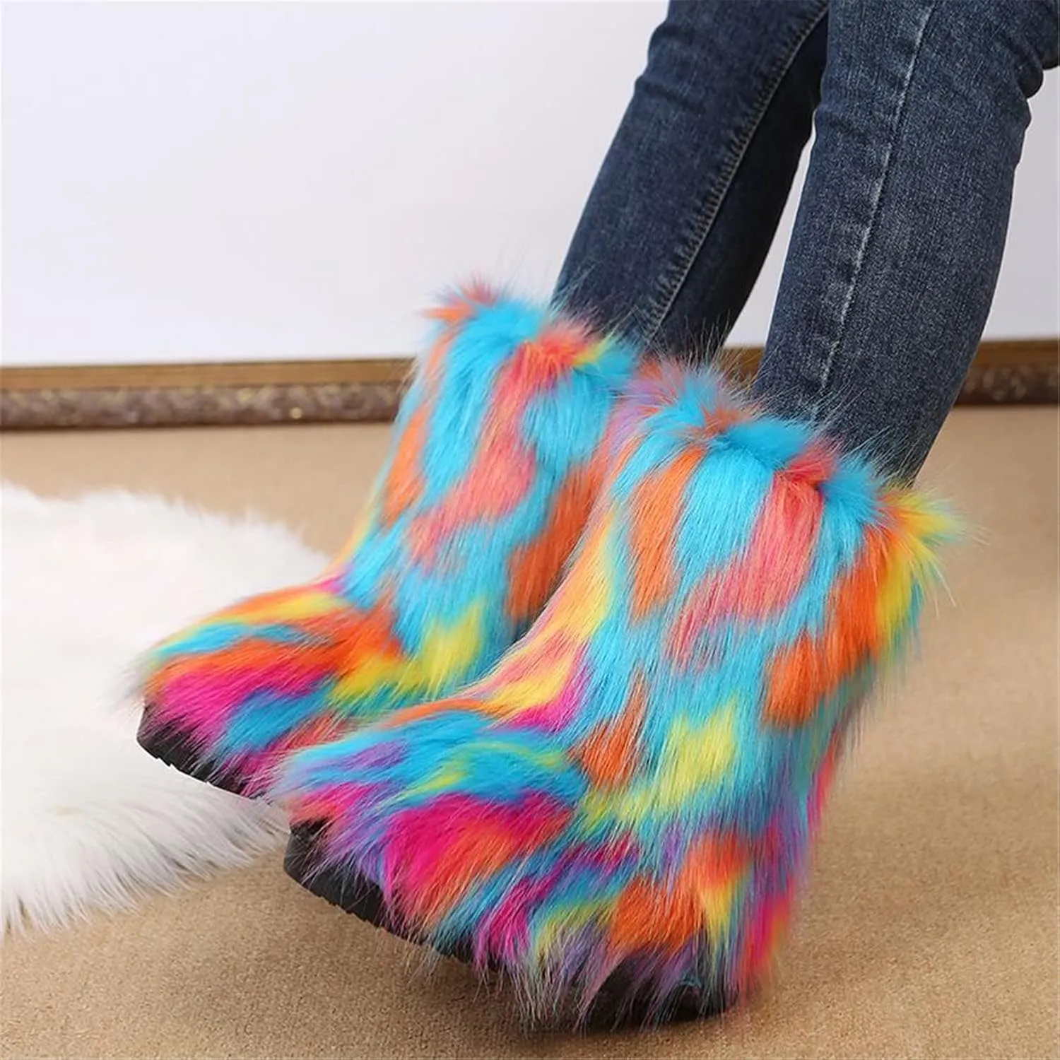 FUNCOS Women's Faux Fur Boots Mid-Calf Fuzzy Fluffy Winter Boots Rave Carnival Costume