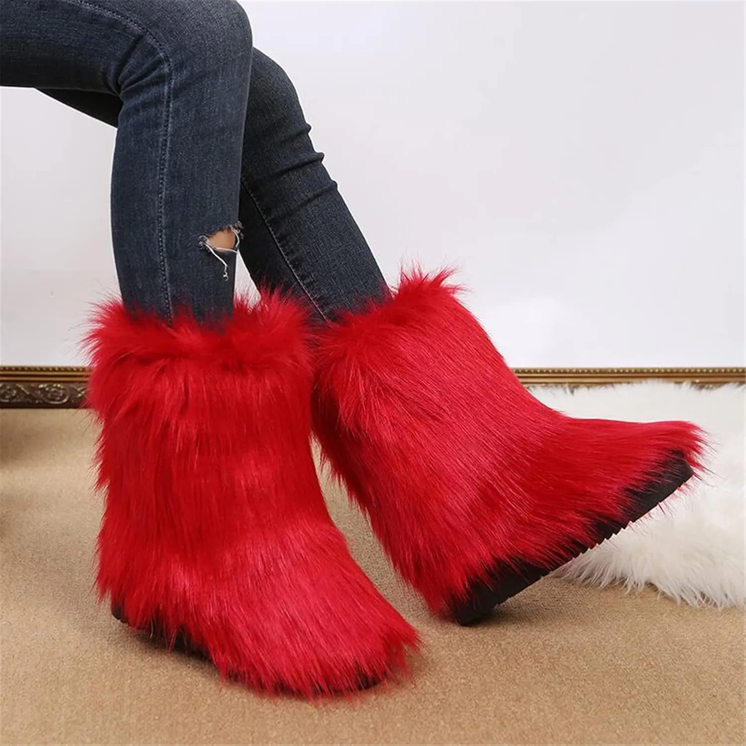 FUNCOS Women's Faux Fur Boots Mid-Calf Fuzzy Fluffy Winter Boots Rave Carnival Costume