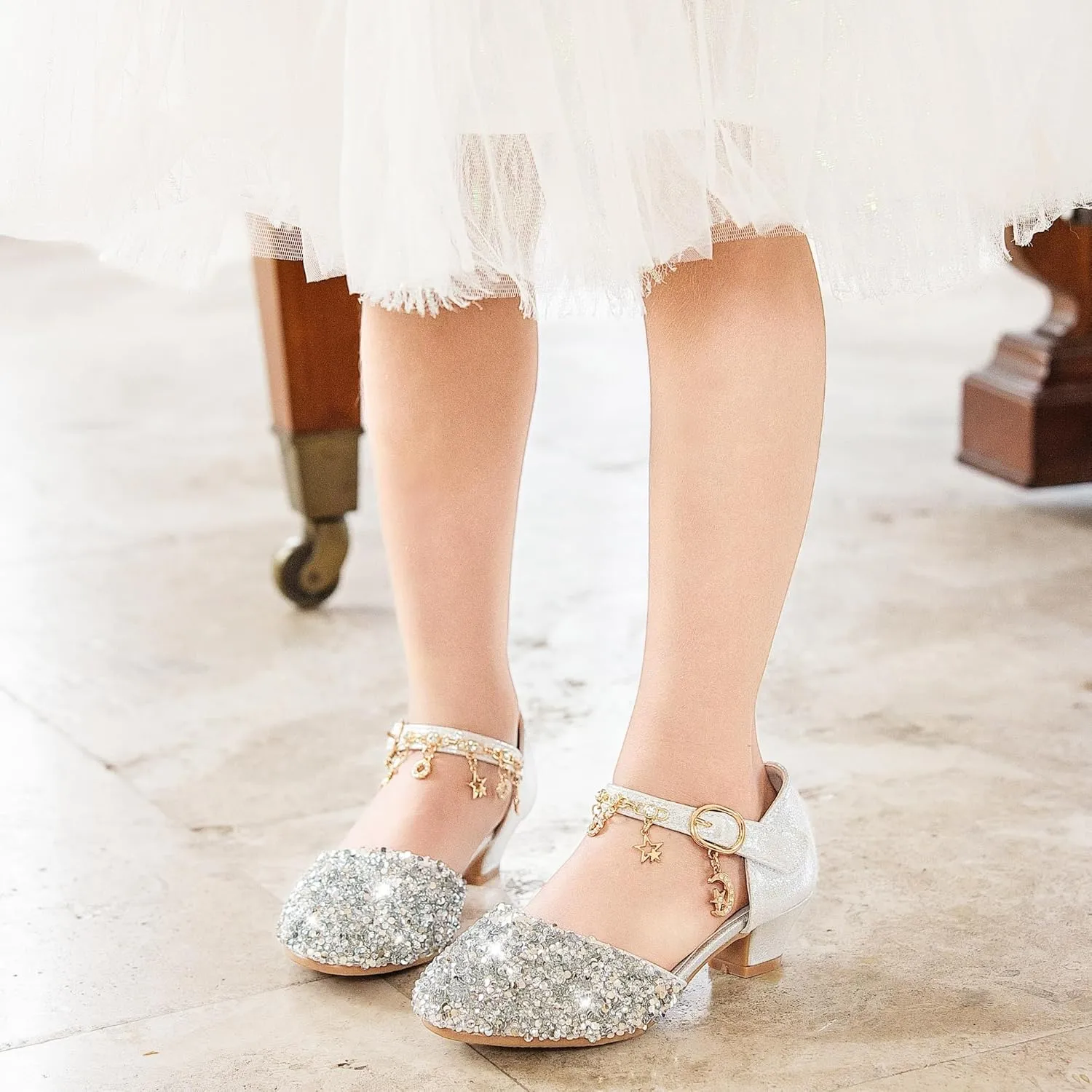 Furdeour Girls Dress Shoes Princess Crystal High Heels Closed Toe Party Wedding Flower Girls Shoes Toddler Little Big Kid