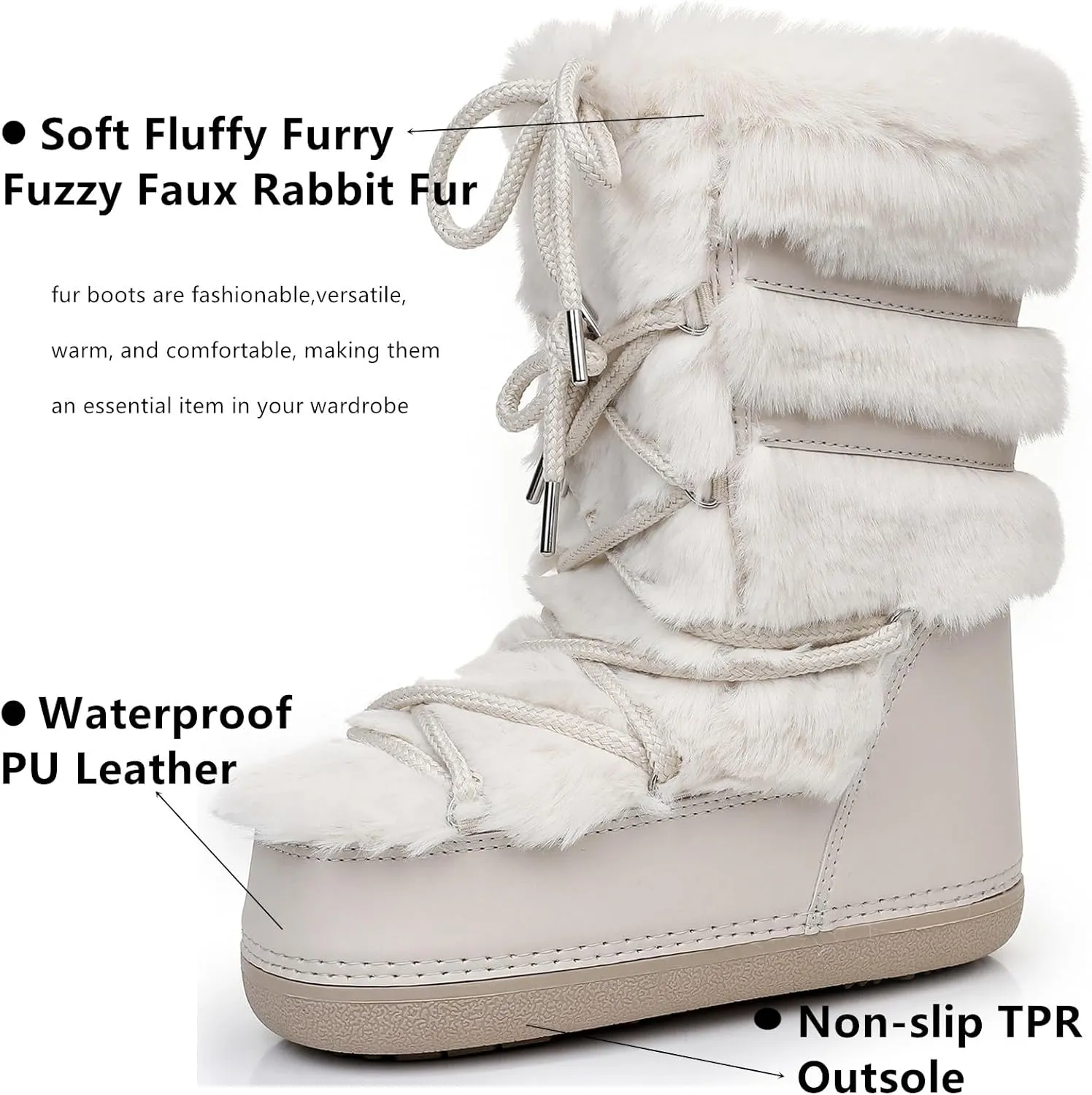 Furry Faux Fur Boots for Women - Fuzzy Boots for Women Winter Snow Boots - Fluffy Black White Pink Fur Boots- Lace-up Mid-Calf Water-Resistant Platform Boots