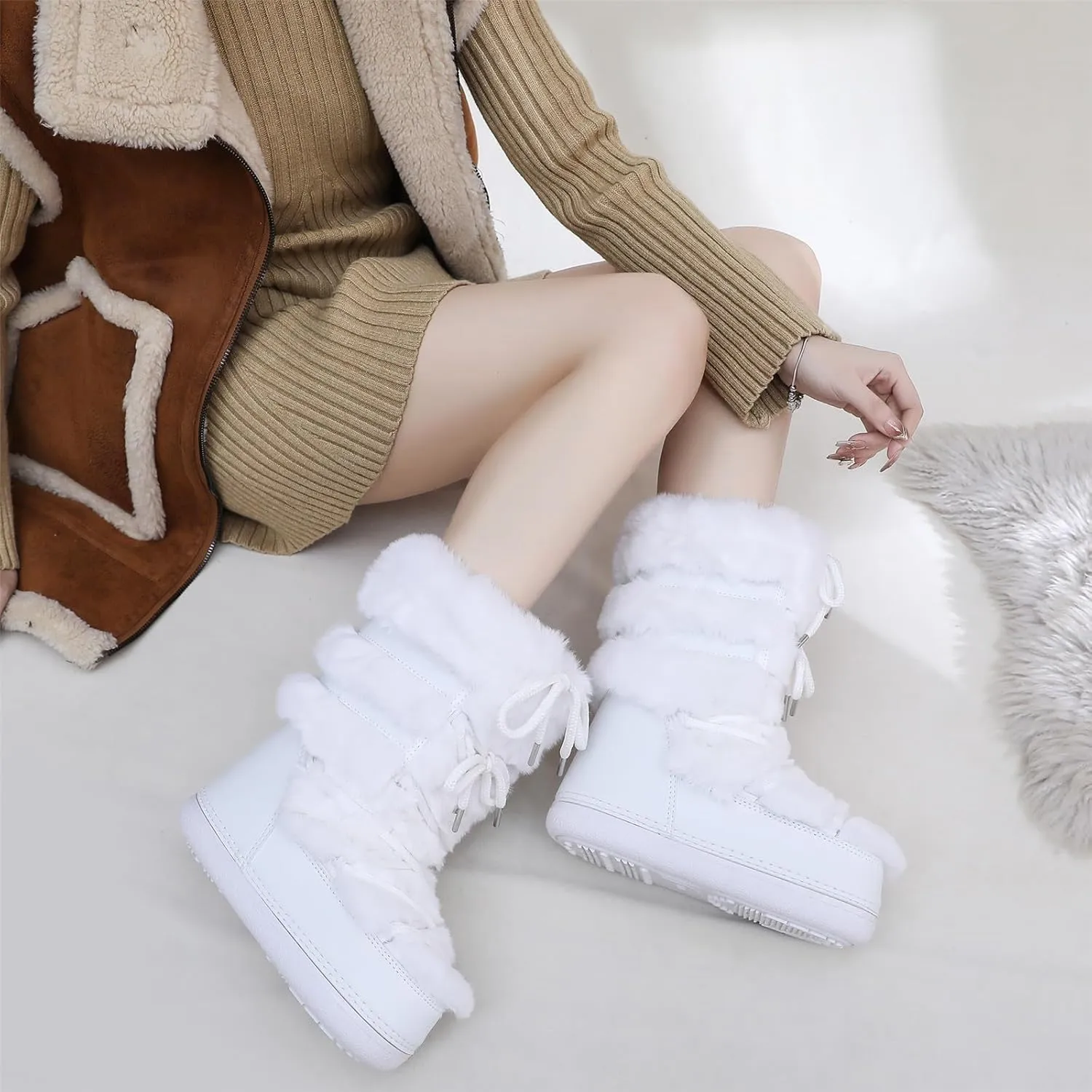 Furry Faux Fur Boots for Women - Fuzzy Boots for Women Winter Snow Boots - Fluffy Black White Pink Fur Boots- Lace-up Mid-Calf Water-Resistant Platform Boots