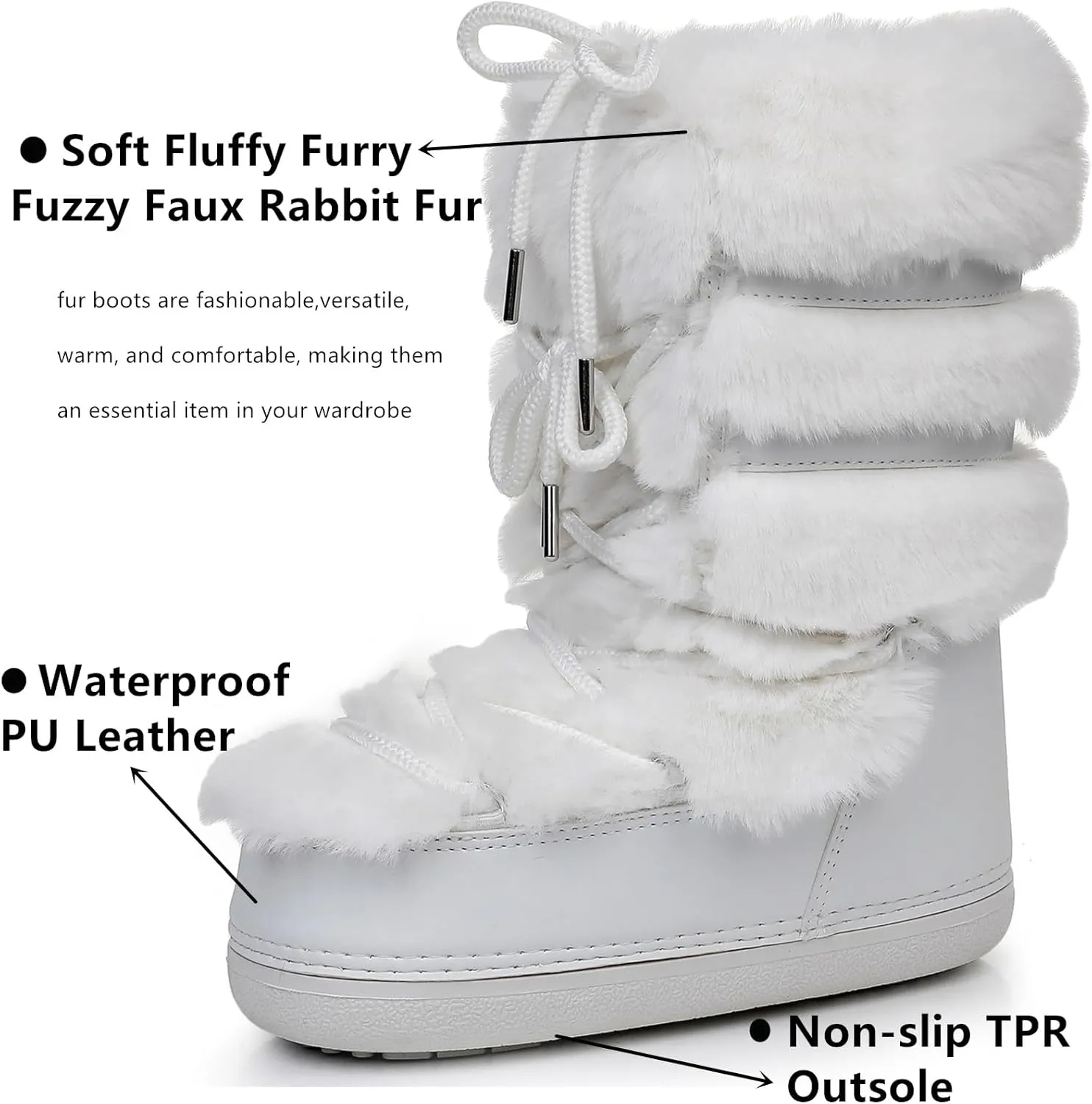 Furry Faux Fur Boots for Women - Fuzzy Boots for Women Winter Snow Boots - Fluffy Black White Pink Fur Boots- Lace-up Mid-Calf Water-Resistant Platform Boots