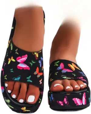 Geerta Women's Fashionable Butterfly Pattern Slippers Cute Non Slip Chunky Soft Sole Casual Comfortable Flat Sandals for Beach Bath Shower Indoor House Shoes Outdoor Daily Wear