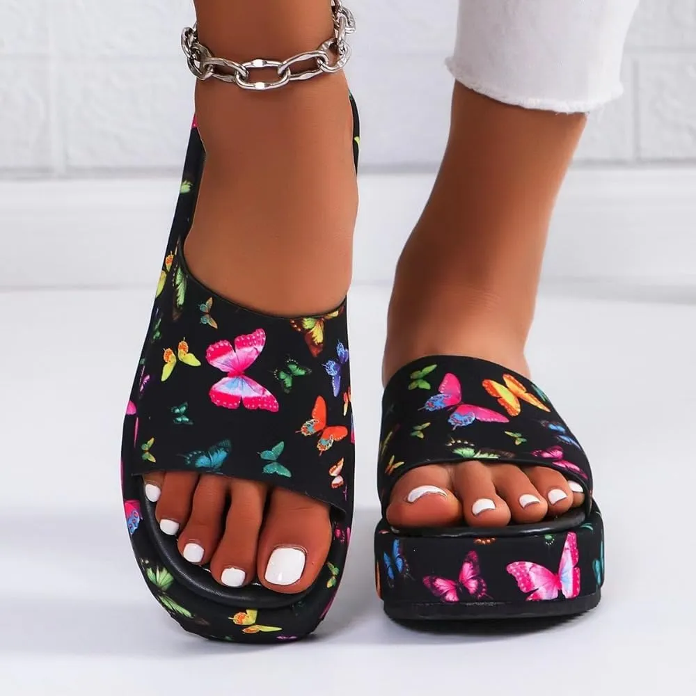 Geerta Women's Fashionable Butterfly Pattern Slippers Cute Non Slip Chunky Soft Sole Casual Comfortable Flat Sandals for Beach Bath Shower Indoor House Shoes Outdoor Daily Wear