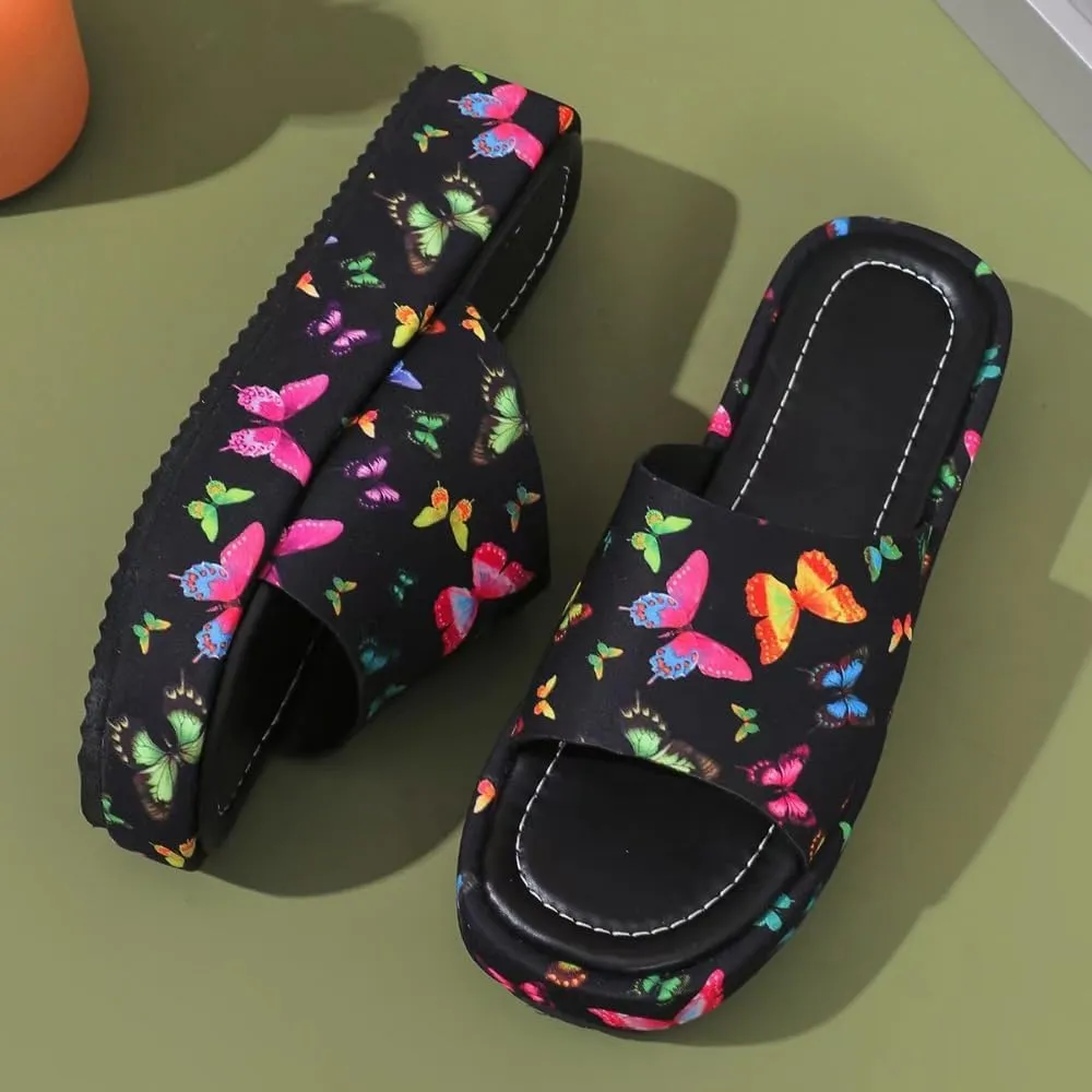 Geerta Women's Fashionable Butterfly Pattern Slippers Cute Non Slip Chunky Soft Sole Casual Comfortable Flat Sandals for Beach Bath Shower Indoor House Shoes Outdoor Daily Wear
