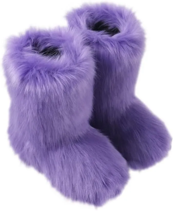 Gegefur Girls Boys Kids Faux Fur Boots Furry Fuzzy Fluffy Warm Winter Snow Boots Flat Shoes Outdoor