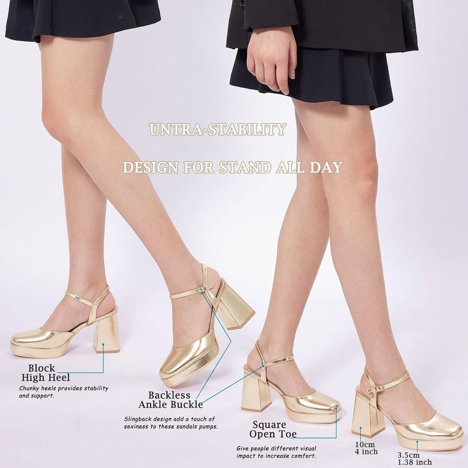 GENSHUO Platform Chunky Heels for Women Block Heel Sandals- 4 inches Closed Square Toe Ankle Strap Buckle Wedding Party Prom Dress Pump Shoes
