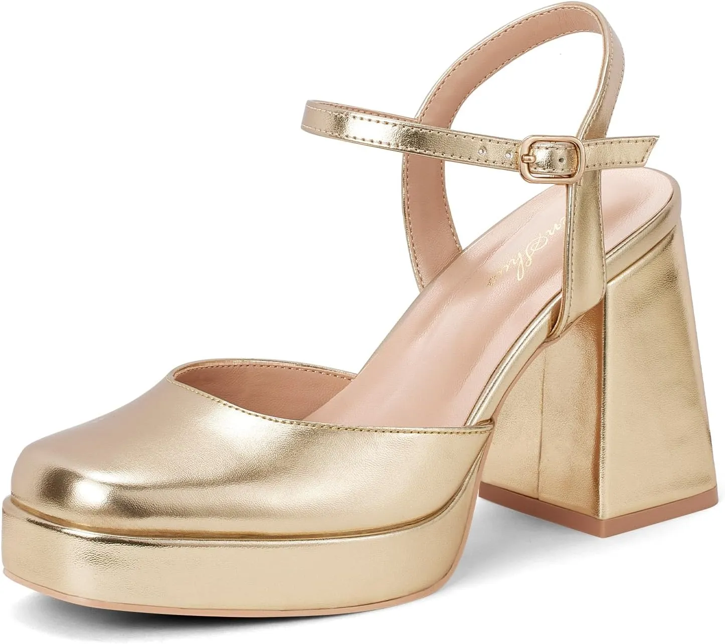GENSHUO Platform Chunky Heels for Women Block Heel Sandals- 4 inches Closed Square Toe Ankle Strap Buckle Wedding Party Prom Dress Pump Shoes