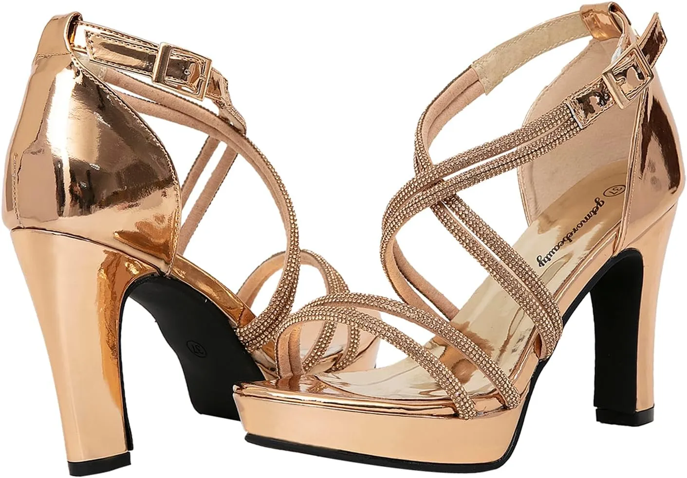 getmorebeauty Women's Block High Heels Criss Cross Rhinestone Strappy Sandals Open Toe Dressy Platform Sandals Shoes