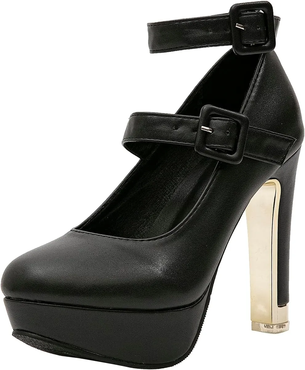 getmorebeauty Women's Block High Heels Platform Pumps Double Ankle Straps Closed Toe Mary Jane Dress Sandals Shoes