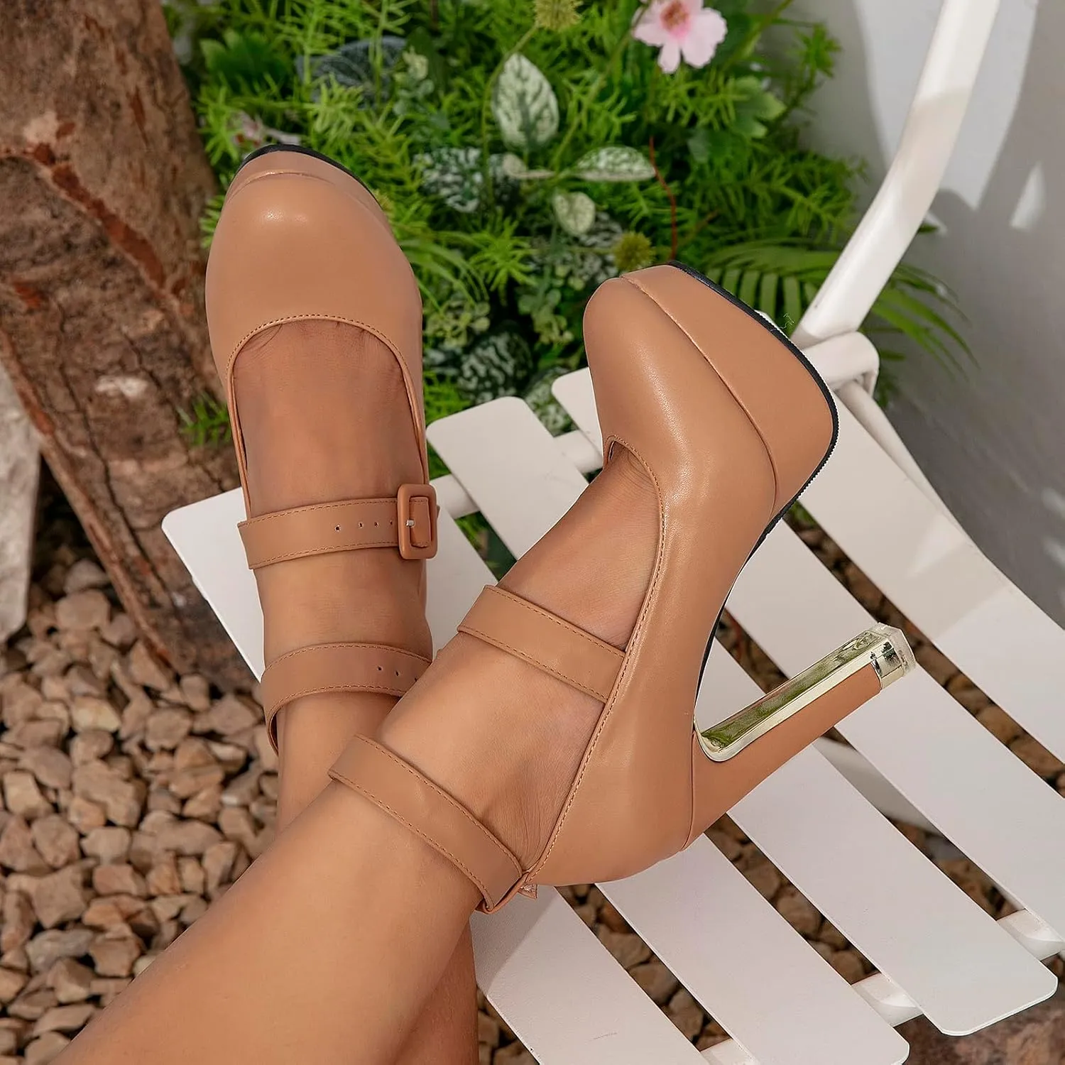 getmorebeauty Women's Block High Heels Platform Pumps Double Ankle Straps Closed Toe Mary Jane Dress Sandals Shoes