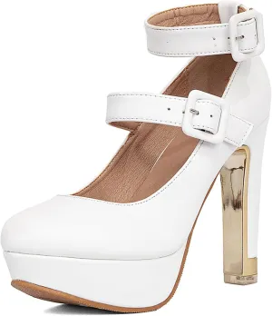 getmorebeauty Women's Block High Heels Platform Pumps Double Ankle Straps Closed Toe Mary Jane Dress Sandals Shoes
