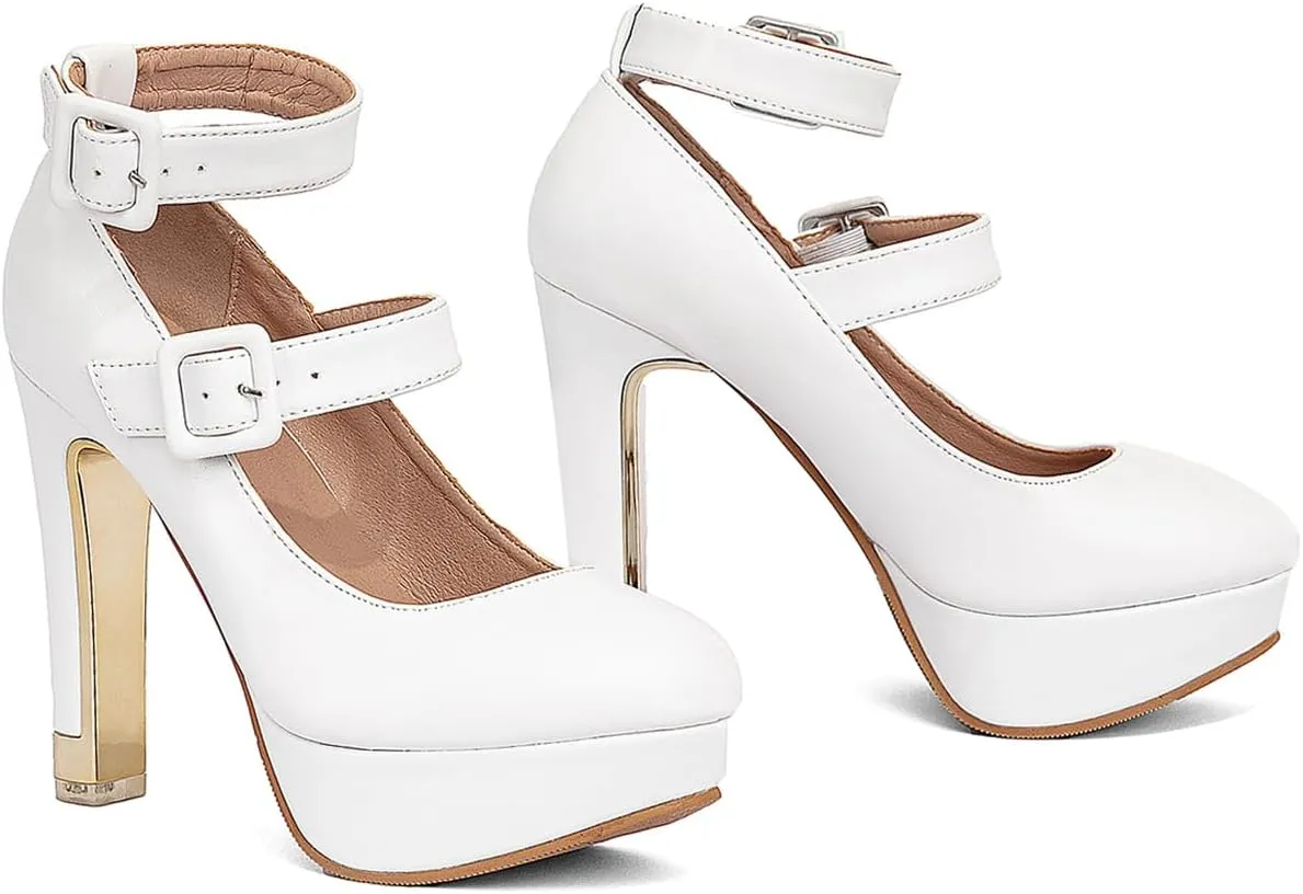 getmorebeauty Women's Block High Heels Platform Pumps Double Ankle Straps Closed Toe Mary Jane Dress Sandals Shoes