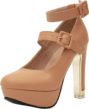 getmorebeauty Women's Block High Heels Platform Pumps Double Ankle Straps Closed Toe Mary Jane Dress Sandals Shoes