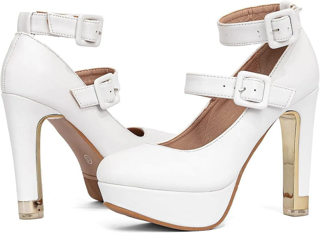 getmorebeauty Women's Block High Heels Platform Pumps Double Ankle Straps Closed Toe Mary Jane Dress Sandals Shoes
