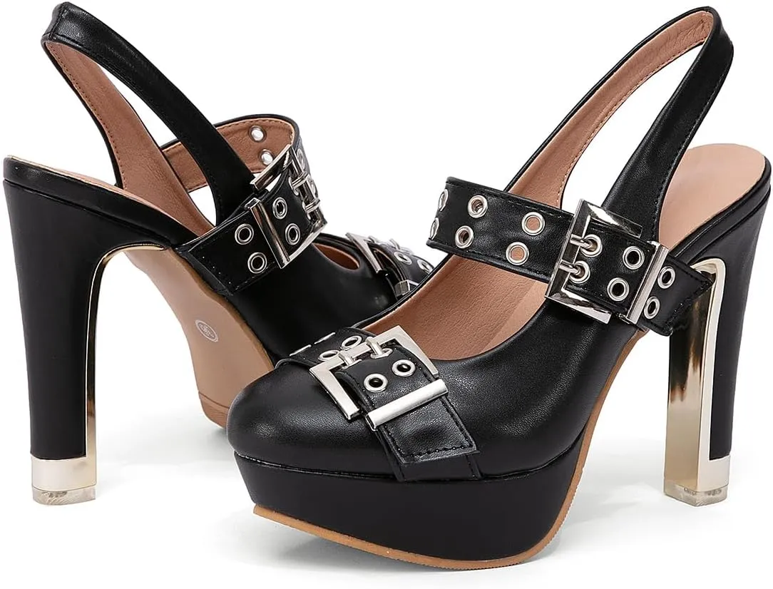 getmorebeauty Women's Buckle Strap Slingback Pumps Chunky High Heels Closed Toe Platform Sandals Prom Dress Shoes