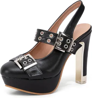 getmorebeauty Women's Buckle Strap Slingback Pumps Chunky High Heels Closed Toe Platform Sandals Prom Dress Shoes