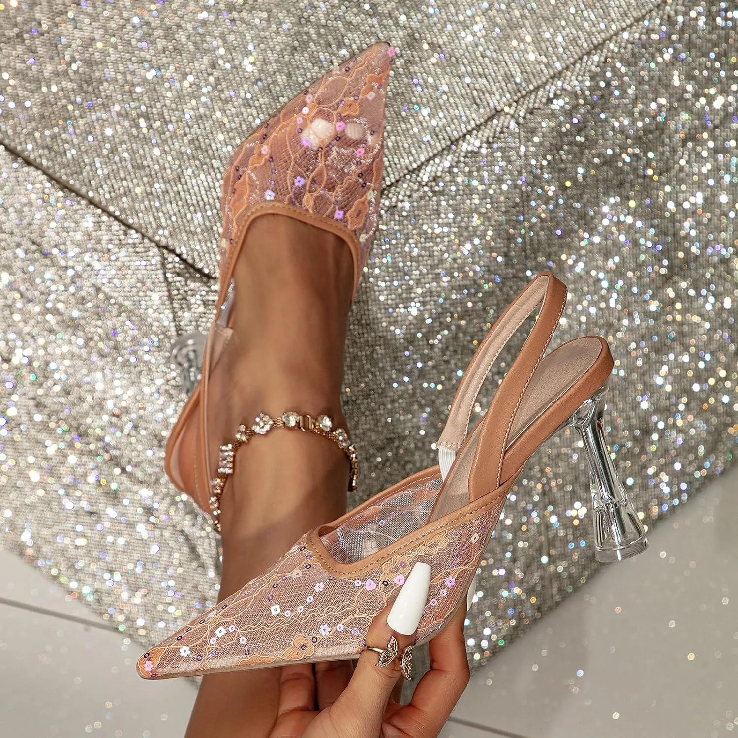 getmorebeauty Women's Kitten Sequin Slingback Heels Pumps Sandals Lace Mesh Pointed Toe Bridal Wedding Shoes