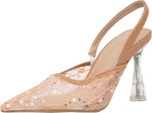 getmorebeauty Women's Kitten Sequin Slingback Heels Pumps Sandals Lace Mesh Pointed Toe Bridal Wedding Shoes