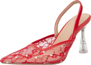 getmorebeauty Women's Kitten Sequin Slingback Heels Pumps Sandals Lace Mesh Pointed Toe Bridal Wedding Shoes