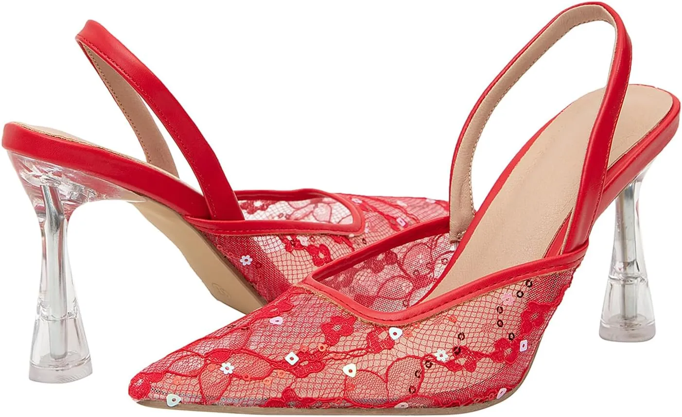 getmorebeauty Women's Kitten Sequin Slingback Heels Pumps Sandals Lace Mesh Pointed Toe Bridal Wedding Shoes